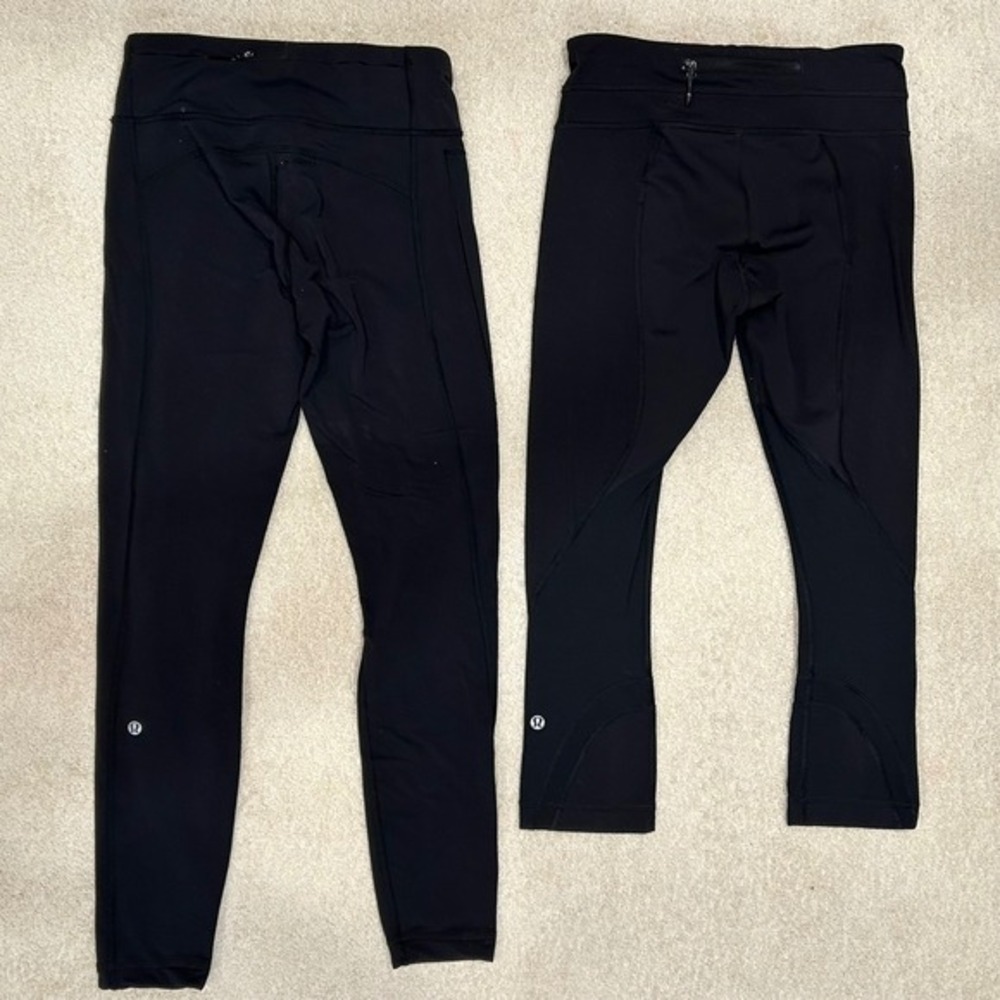 Lululemon Womens 4 Leggings Set of‎ 2- Black Moto Biker Contrast Panel & Cropped